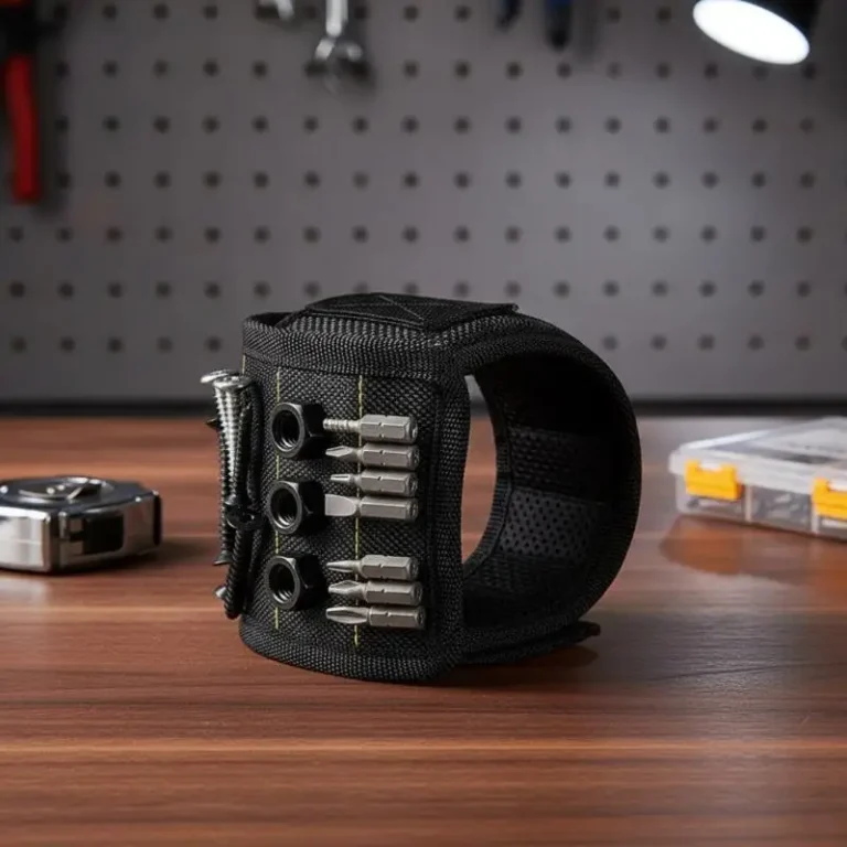 Magnetic tool wristband holding screws and bits on a workshop bench