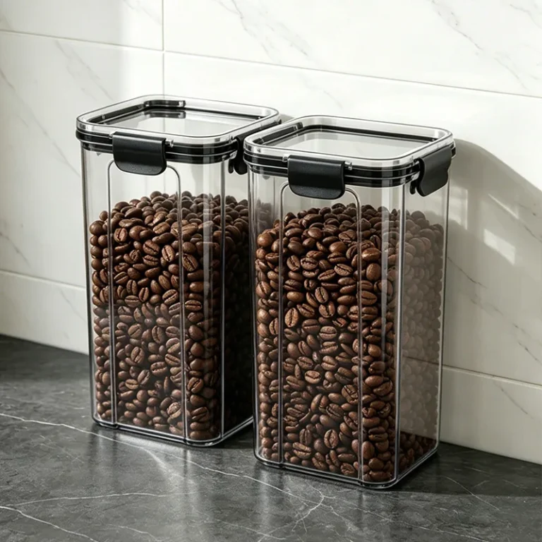 Two airtight storage containers filled with coffee beans on a marble kitchen counter