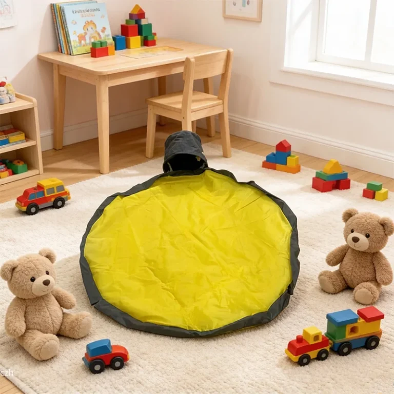 Yellow toy storage play mat spread out in a child's room