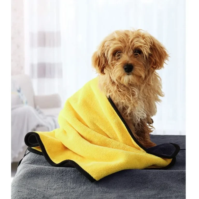 Dog wrapped in the microfibre towel on a sofa at home