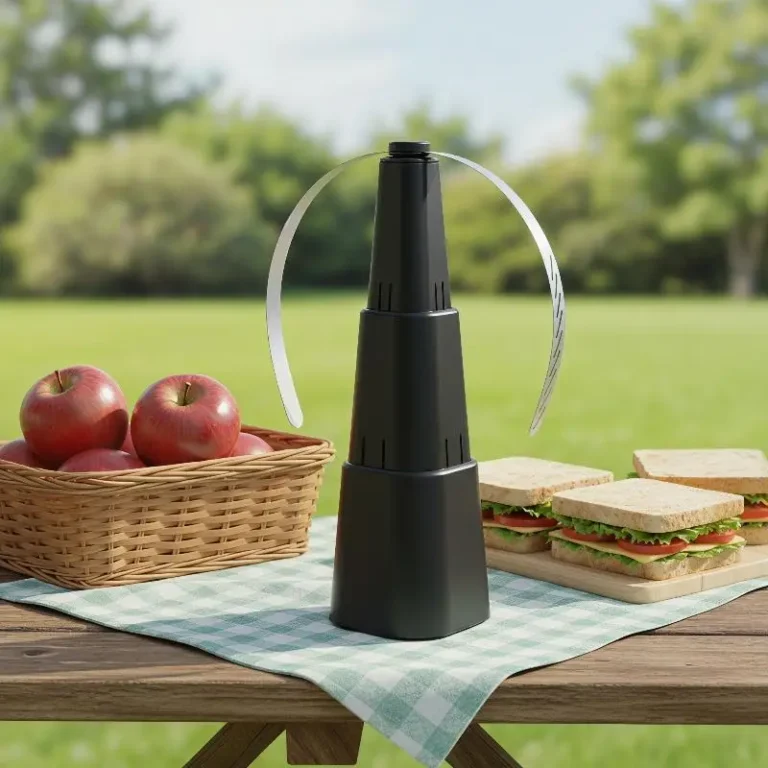 Black fly repellent fan on a picnic table next to sandwiches and apples