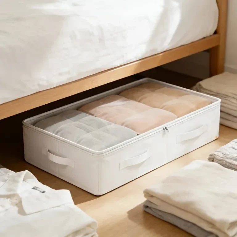 White under-bed storage box with folded clothes, partly slid under a wooden bed