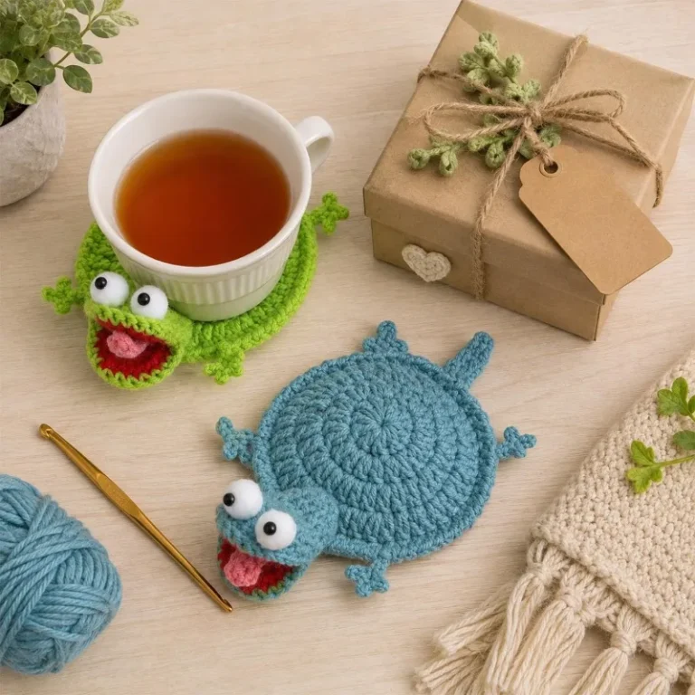 Blue and green crochet lizard coasters on a wooden table with a cup of tea