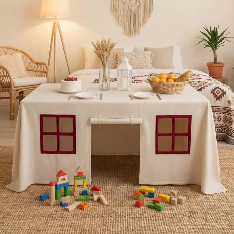 Playhouse tablecloth on a table in a bedroom with toy blocks on the rug