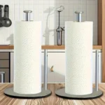 Stainless steel paper towel holders on a kitchen worktop
