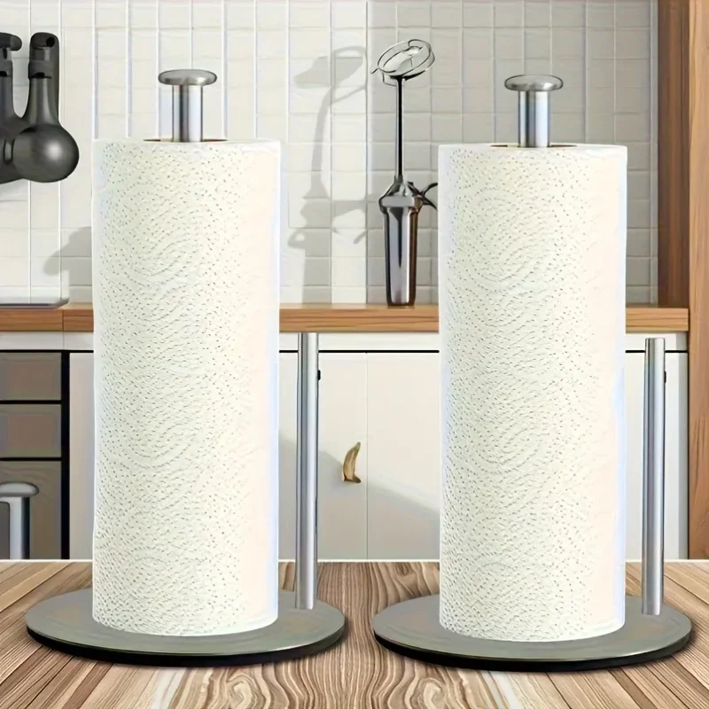 Stainless steel paper towel holders on a kitchen worktop