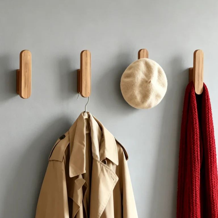 Wooden wall hooks holding a coat, hat and scarf