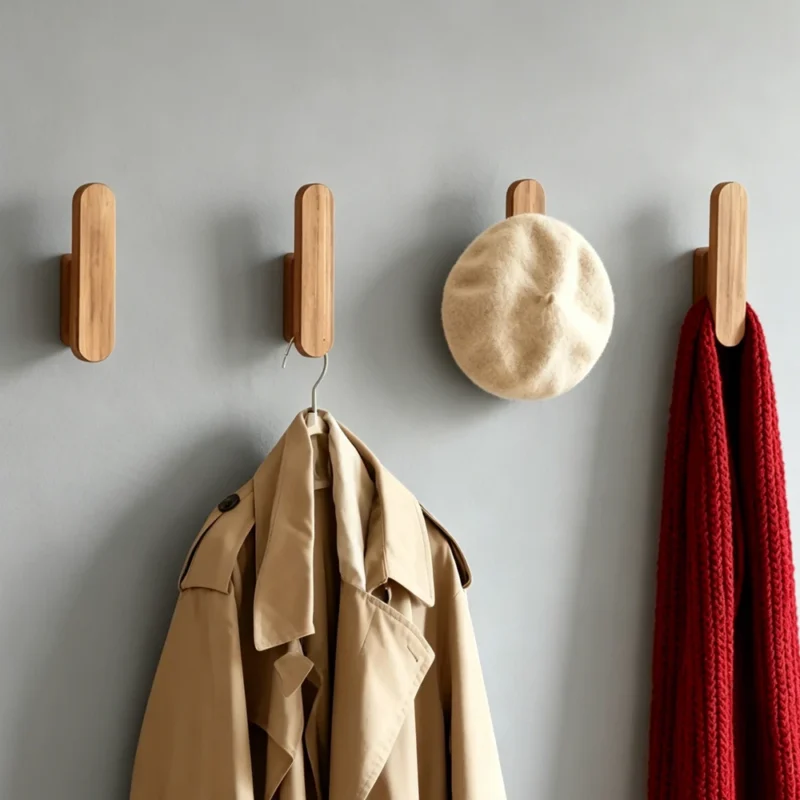 Wooden wall hooks holding a coat, hat and scarf