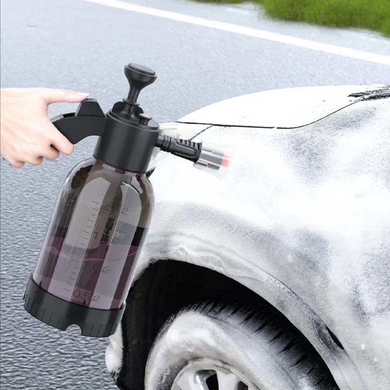 Hand-pump foam sprayer used on a foam-covered car wing
