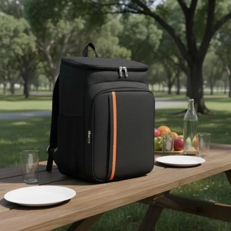 Black cooler backpack with orange stripe on a picnic table in a park