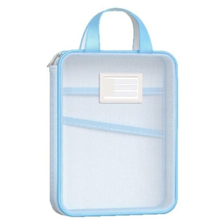 A4 mesh file bag with 3 layers and zip in blue