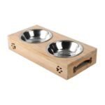 Bamboo pet feeder with 2 stainless steel bowls
