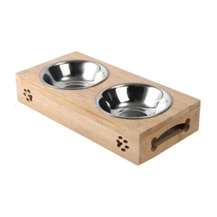 Bamboo pet feeder with 2 stainless steel bowls