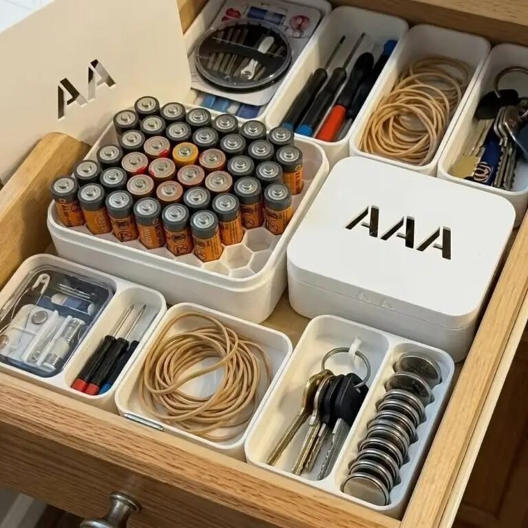 Battery storage boxes with AA and AAA batteries in a drawer