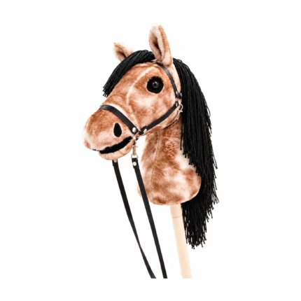 Brown roan stick horse with black mane and black halter with reins