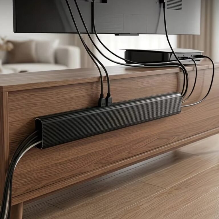 Cable channel fitted behind TV unit