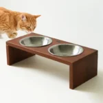 Cat eating from raised wooden feeder stand