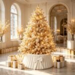 White tree collar under a decorated Christmas tree