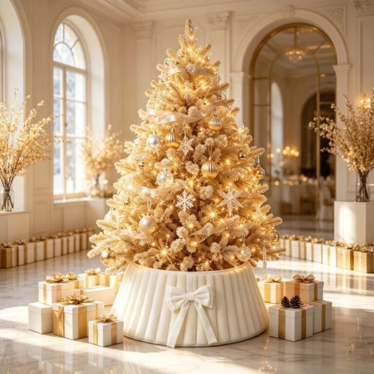 White tree collar under a decorated Christmas tree