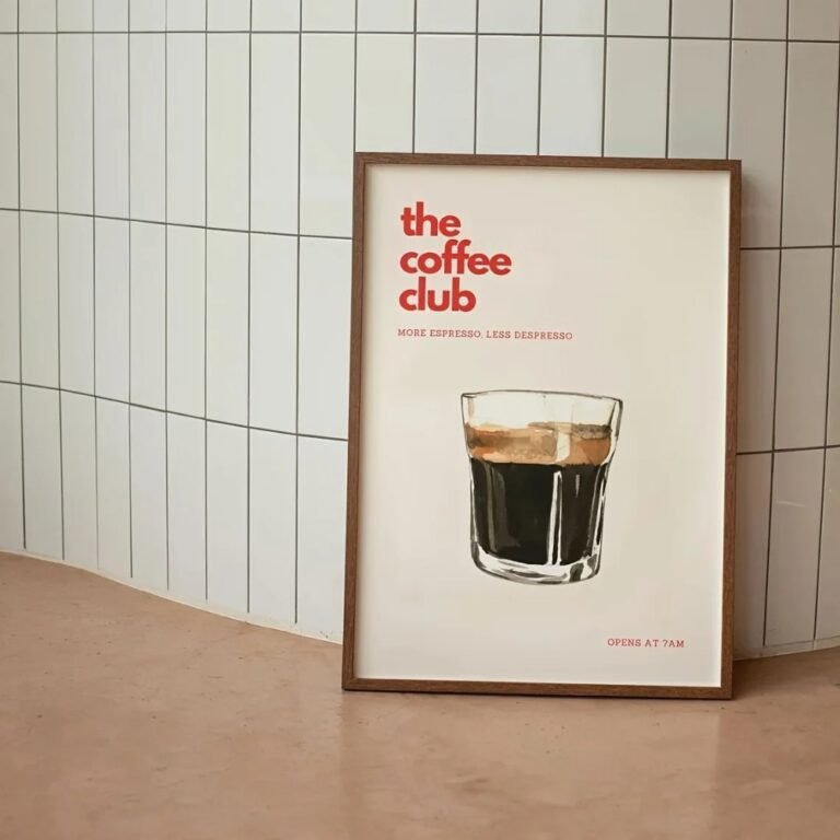 Framed coffee poster in a kitchen