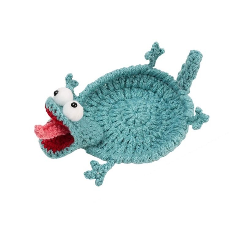 Crochet coaster shaped like a lizard in blue