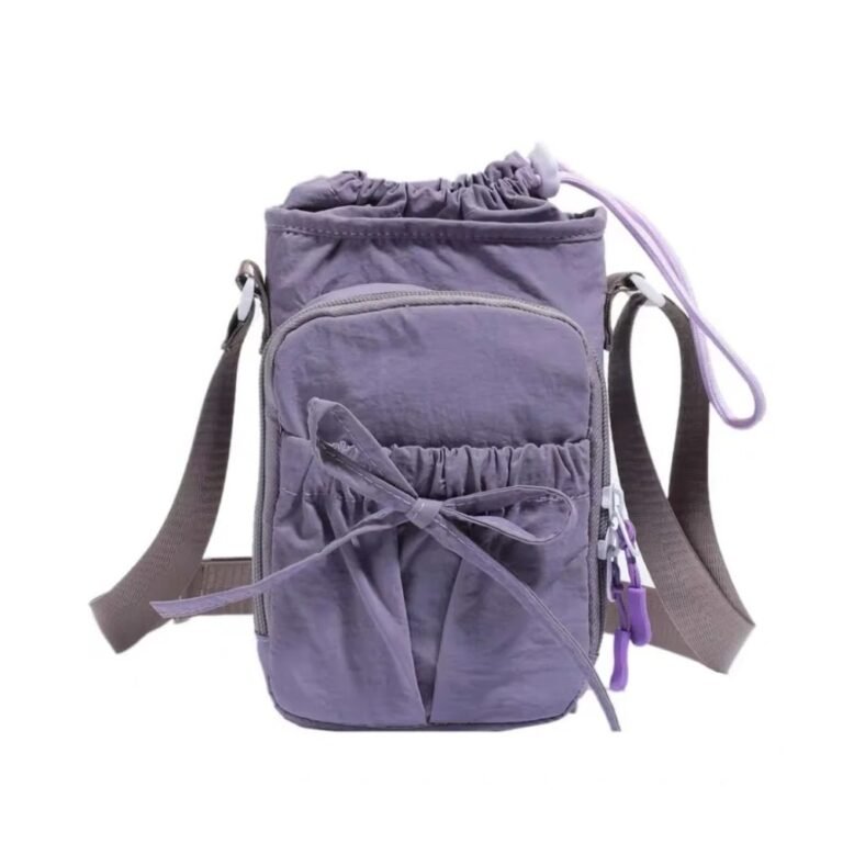 Lightweight crossbody bag with drawstring and bow in purple