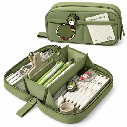 Large green pencil case shown open and closed