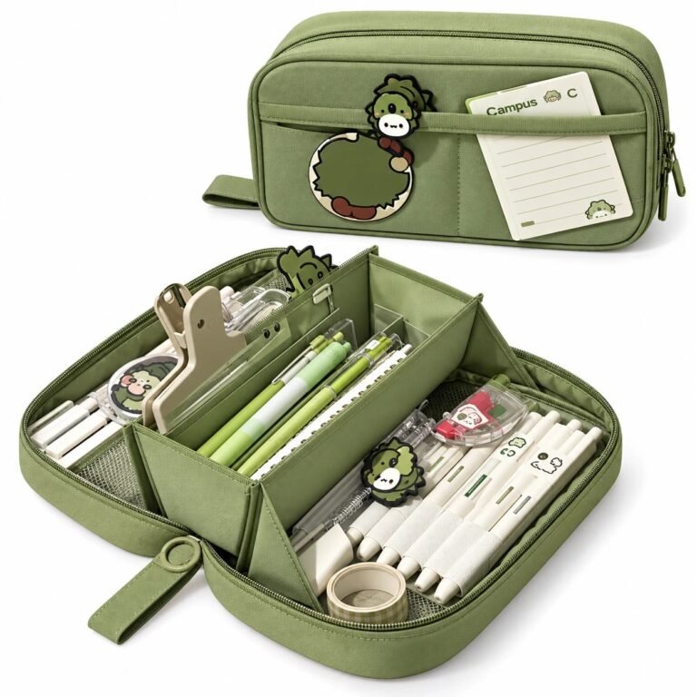 Large green pencil case shown open and closed