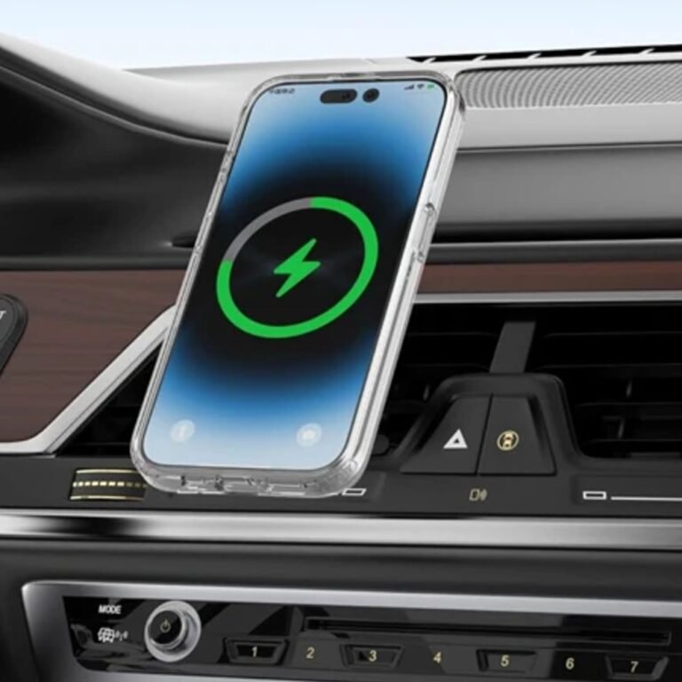 iPhone in a clear magnetic case on a magnetic car mount