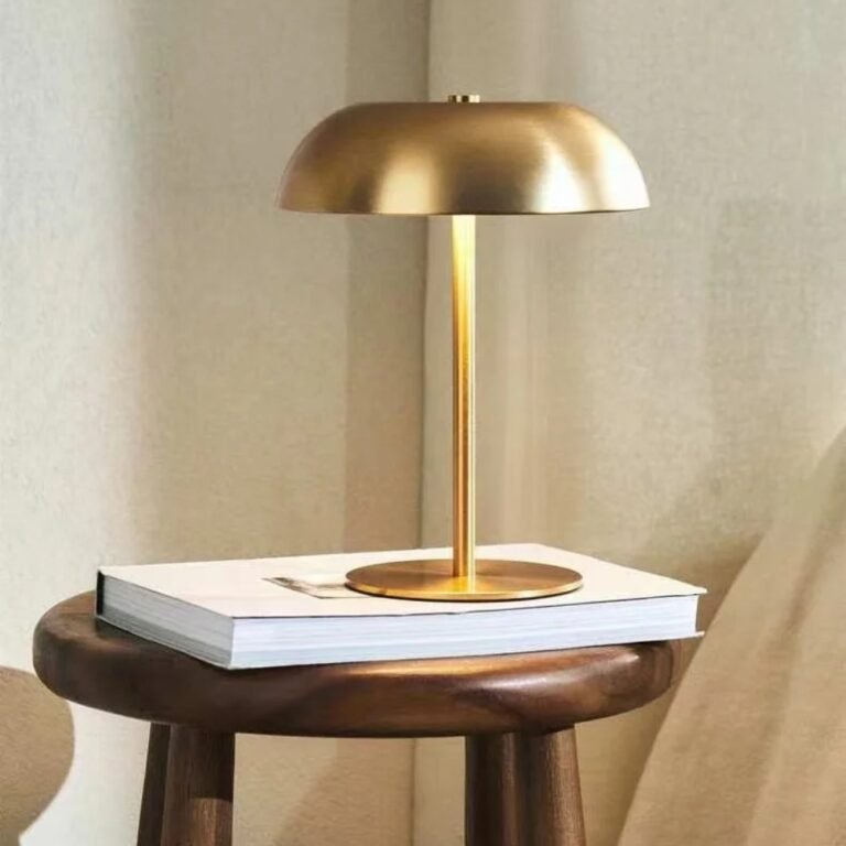 Gold mushroom lamp on a stool in the living room