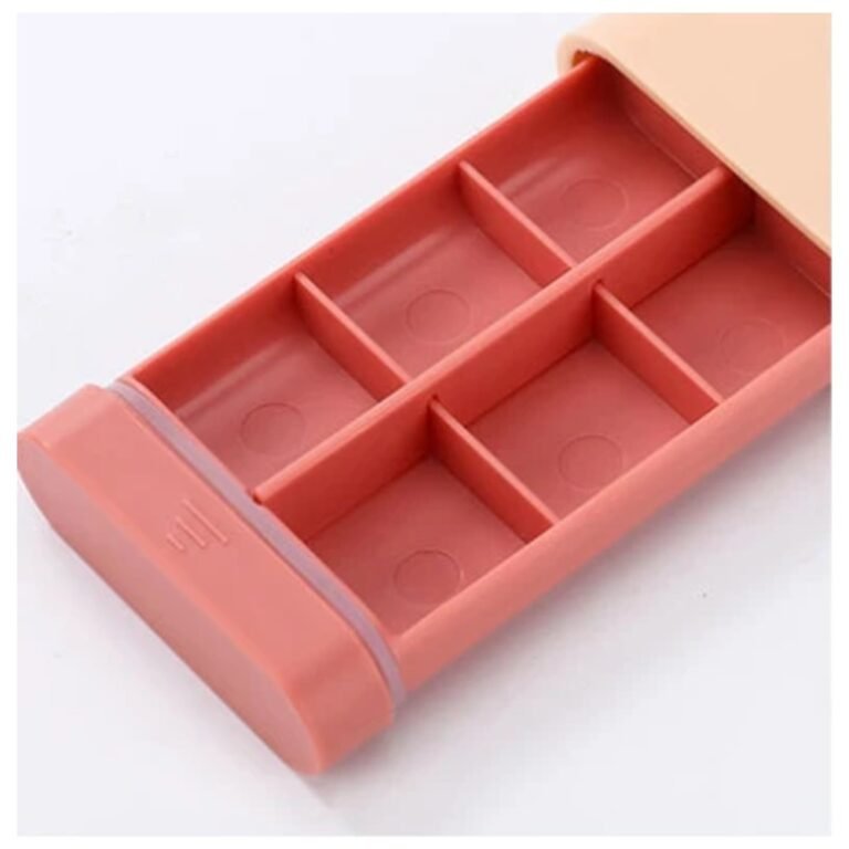 Pill box with pull-out drawer open showing 6 compartments