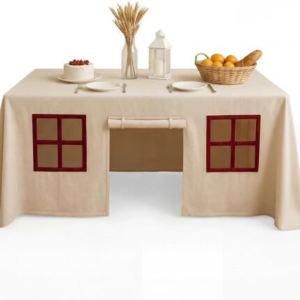 Playhouse tablecloth for dining table with windows and door – burgundy windows