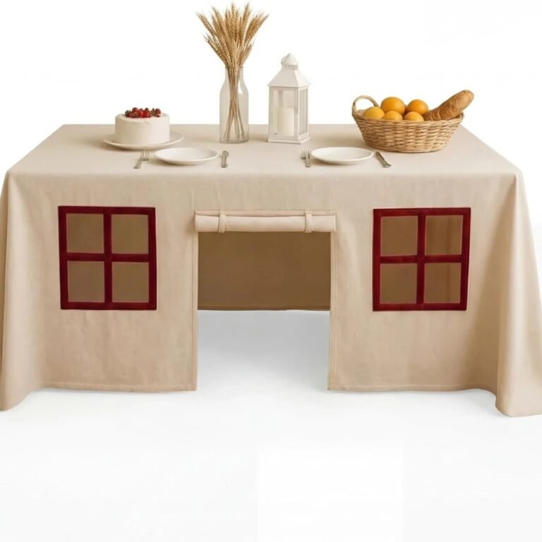 Playhouse tablecloth for dining table with windows and door – burgundy windows