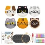 Punch needle kit for 6 coasters with cats