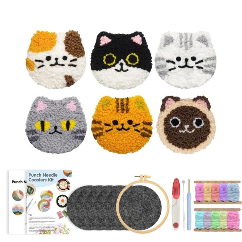 Punch needle kit for 6 coasters with cats