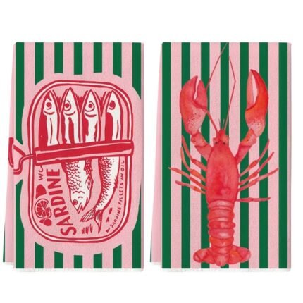 Retro Tea Towels with Sardine and Lobster – 2 Pieces
