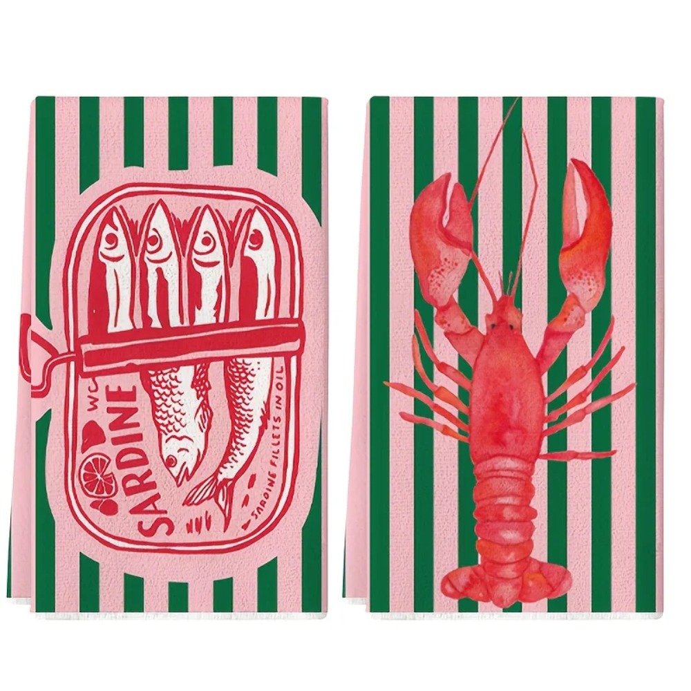 Retro Tea Towels with Sardine and Lobster – 2 Pieces Retro Tea Towels with Sardine and Lobster – 2 Pieces