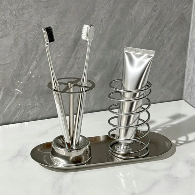 Toothbrush holder set with toothbrushes by the sink