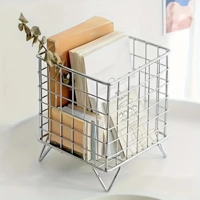 Silver wire basket with books and notebooks