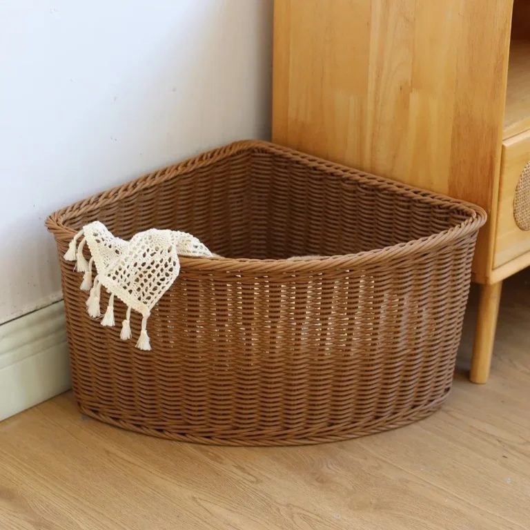 Corner basket with throw in a living room corner