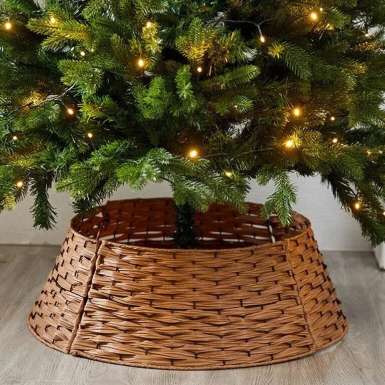 Woven tree collar under a lit Christmas tree
